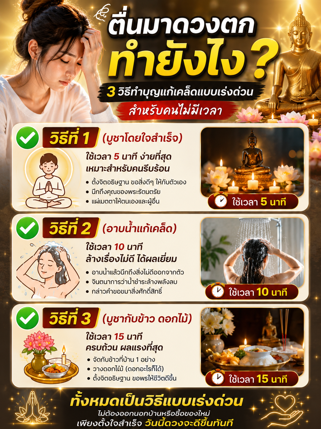 ตื่นมาดวงตกทำยังไง? 3 วิธีทำบุญแก้เคล็ดแบบเร่งด่วน สำหรับคนไม่มีเวลา